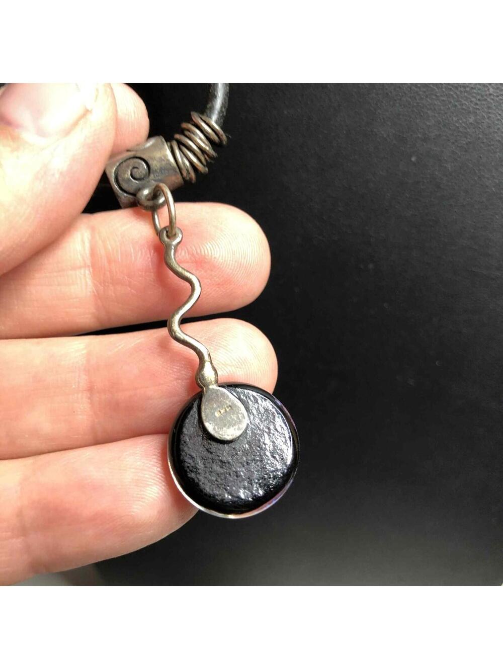 6010 VNTG Sterling 925 Oxidized Dichroic glass pendan 18" Leather Necklace 16g - Picture 4 of 4